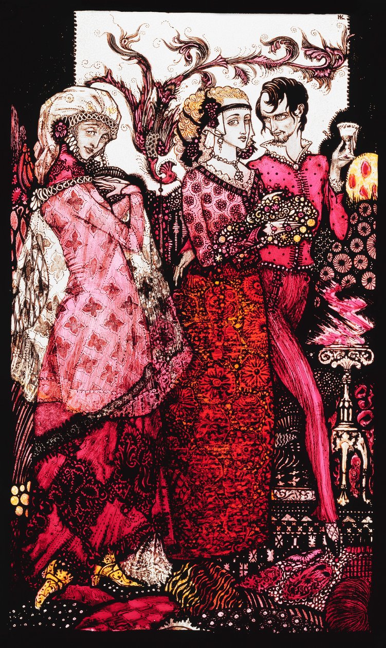 Bert the Bigfoot, sunget av Villon". "Queens", ni glasspaneler surret, beiset og malt, Illustrerer J.M. Synges dikt, 1917 av Harry Clarke