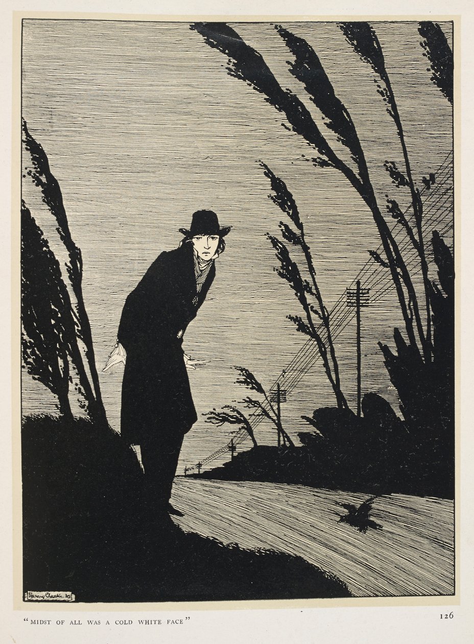 Svart og hvit. 'Midt av alt var et kaldt hvitt ansikt'. En mann kledd i svart; en rad med telegrafstolper. av Harry Clarke