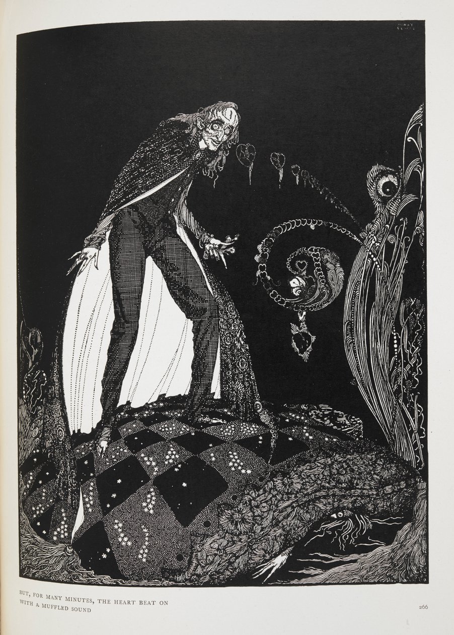 Men i mange minutter slo hjertet med en dempet lyd. Illustrasjon til novellen, 'det fortellende hjertet'. Fortelleren kveler den gamle mannen med i egen seng. av Harry Clarke
