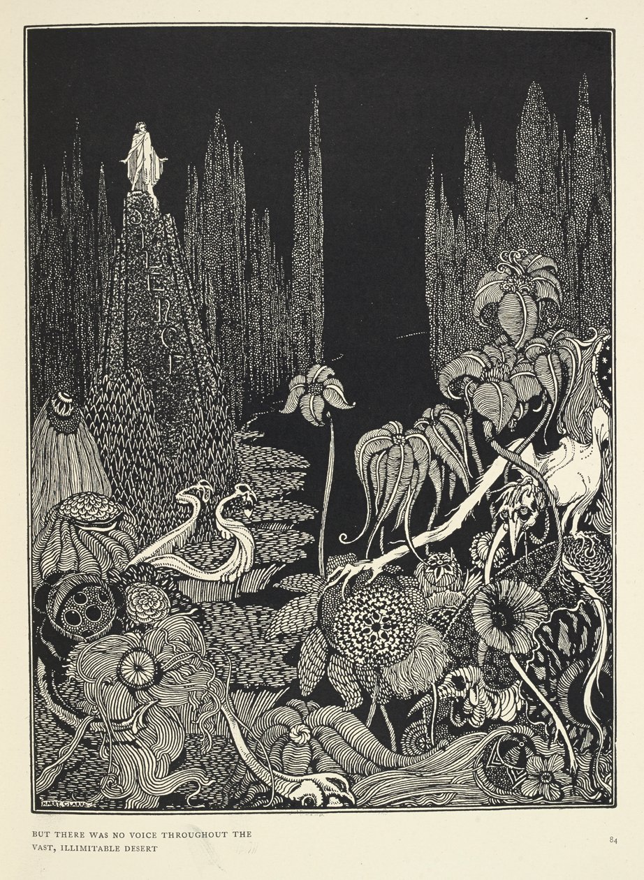 "Men det var ingen stemme i den enorme ubegrensede ørkenen." Illustrasjon for 'Stillhet - en fabel'. av Harry Clarke