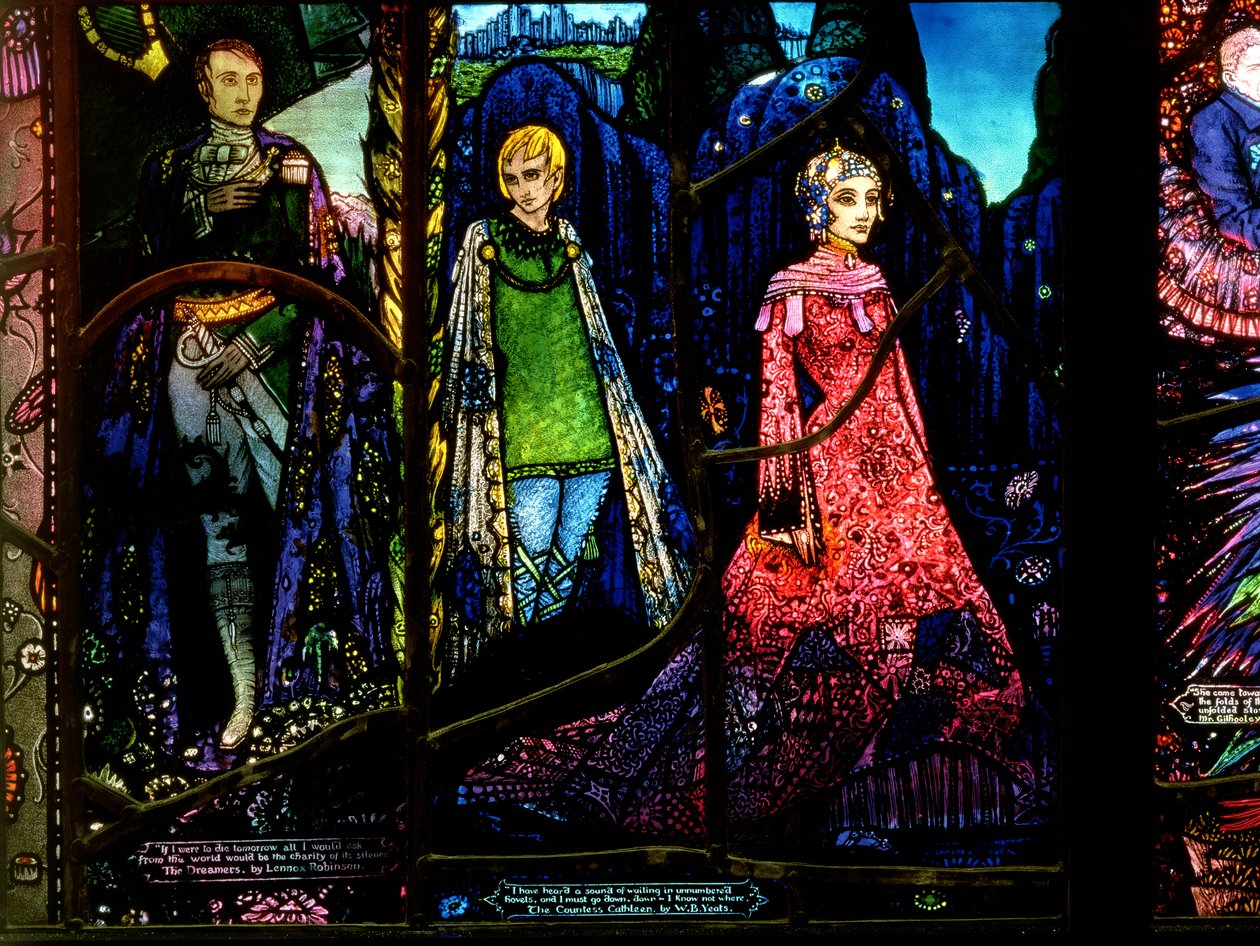 Detalj fra Geneva-vinduet som viser The Dreamers av Lennox Robinson (1886-1958) og grevinne Cathleen av W.B. Yeats (1865–1939) av Harry Clarke