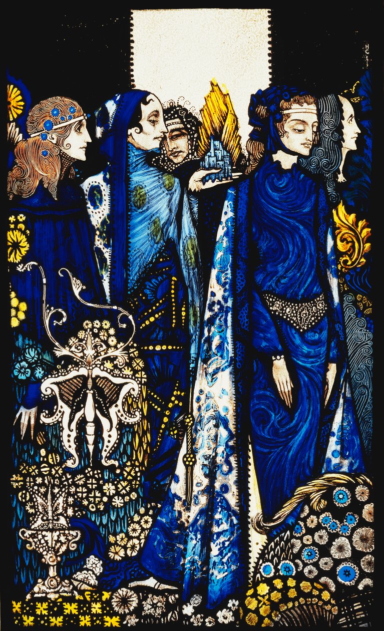 Etain, Helen, Maeve og Fand, Golden Deirdres ømme hånd. "Queens", ni glasspaneler surret, beiset og malt, Illustrerer J.M. Synges dikt, 1917 av Harry Clarke