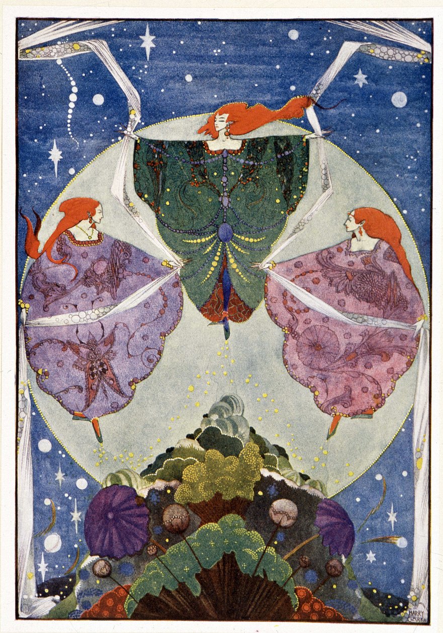 Feer:”” De danset med sjal som var vevd av tåke og måneskinn””: Alvebakken - i “” Eventyr”” av HC Andersen, ill. av Harry Clarke av Harry Clarke