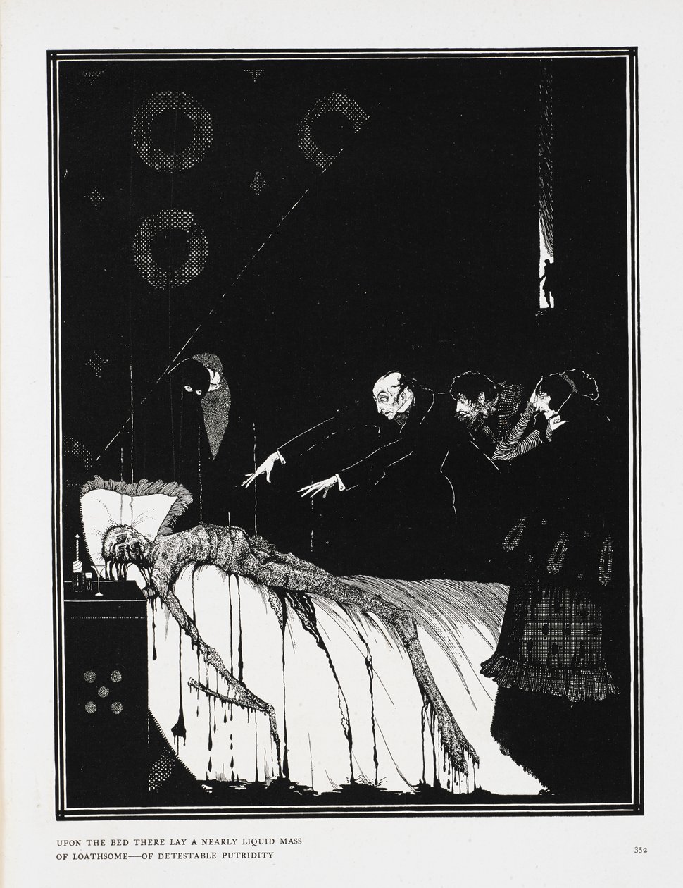 Fra sengen lå det en nesten flytende masse av avskyelig - av avskyelig råttenhet'. En illustrasjon til historien, 'fakta i saken om M. Valdemar'. av Harry Clarke