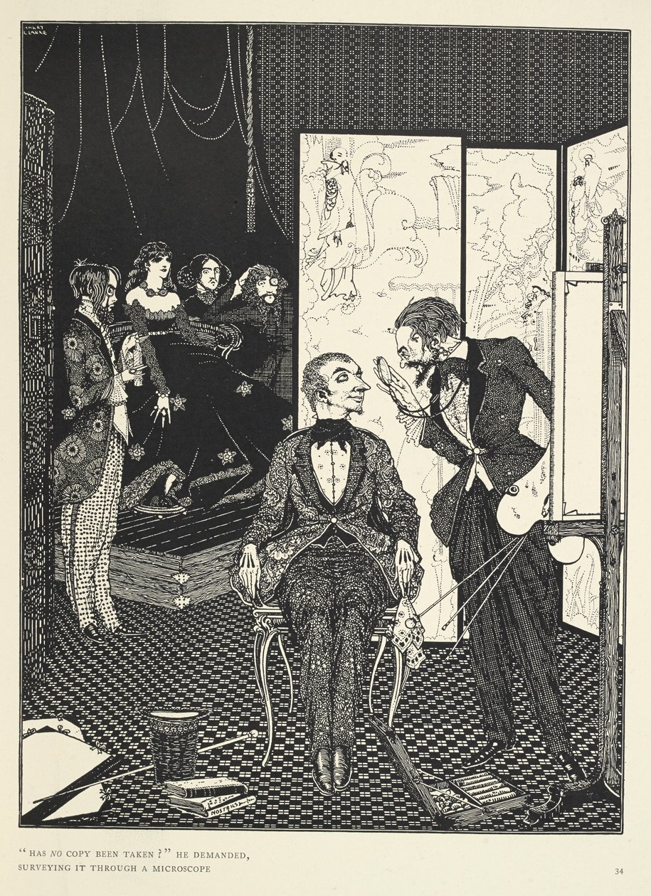 "Er det ikke tatt noen kopi?" krevde han og undersøkte den gjennom et mikroskop. Ullustrasjon for historien 'djevelen i klokketårnet'. av Harry Clarke