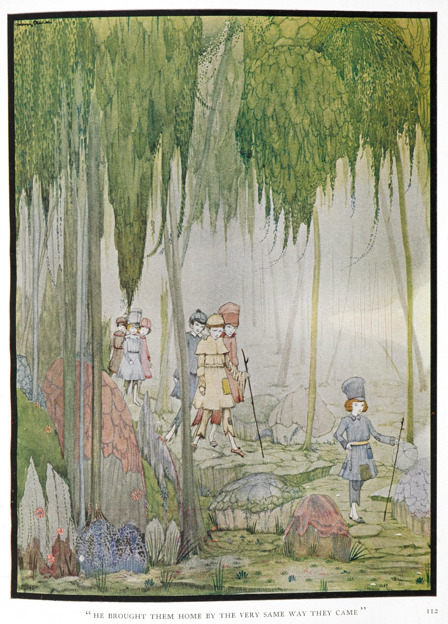 "Han brakte dem hjem på samme måte som de kom." Illustrasjon til historien, 'liten tommel'. Barn i en skog. av Harry Clarke
