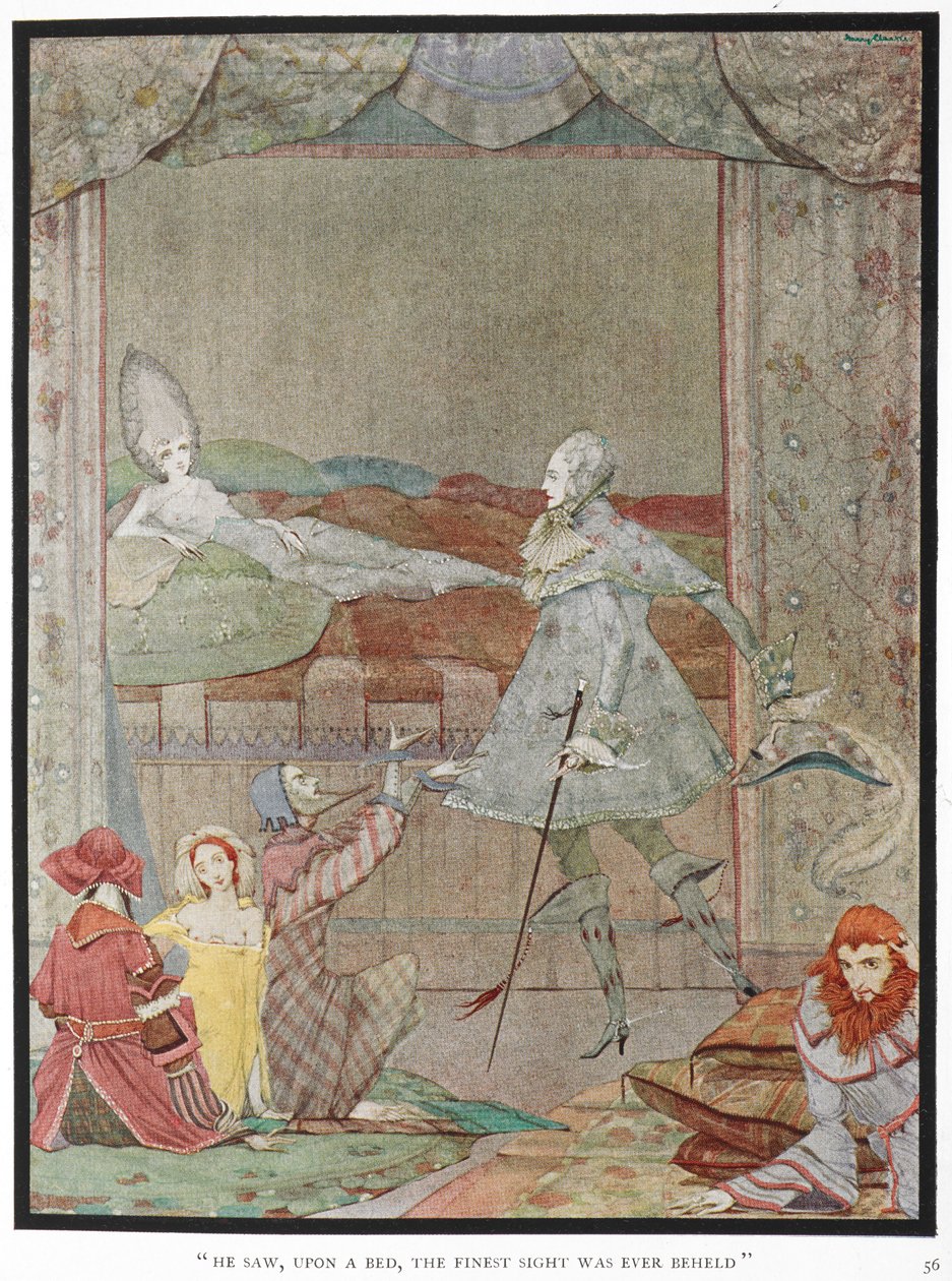 "Han så, på en seng, det fineste syn som noen gang ble sett." Prinsen som ser prinsessen, "Sleeping Beauty", på sengen hennes. av Harry Clarke