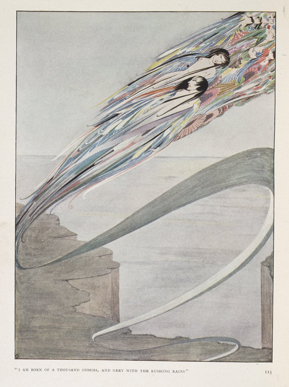 "Jeg er født av tusen stormer, og grå av det brusende regnet." Fra kapitteloverskriften: 'Alt er ånd og en del av meg'. av Harry Clarke