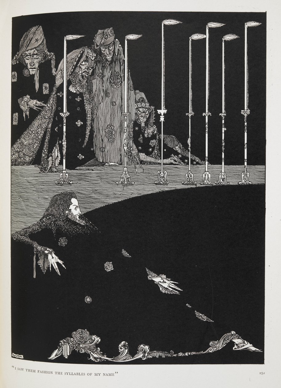 "Jeg så dem lage stavelsene i navnet mitt". Illustrasjon til historien, "gropen og pendelen". av Harry Clarke