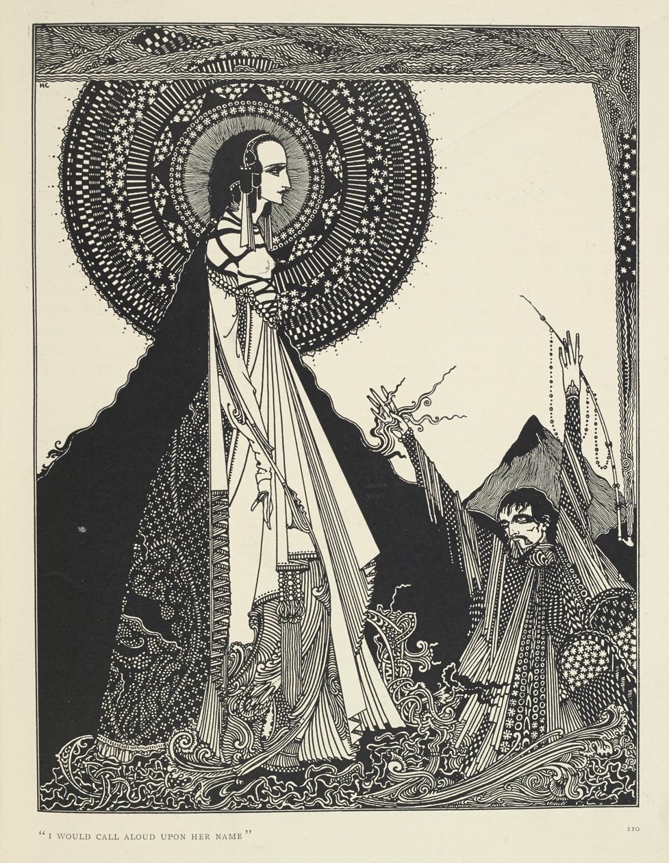 "Jeg ville ropt høyt på navnet hennes." Illustrasjon av Ligeia, en novelle. «Ligeia» er en novelle av Edgar Allan Poe. Historien følger en ikke navngitt forteller og hans kone Ligeia, en vakker og intelligent ravnhåret kvinne. Hun blir syk, kompo av Harry Clarke
