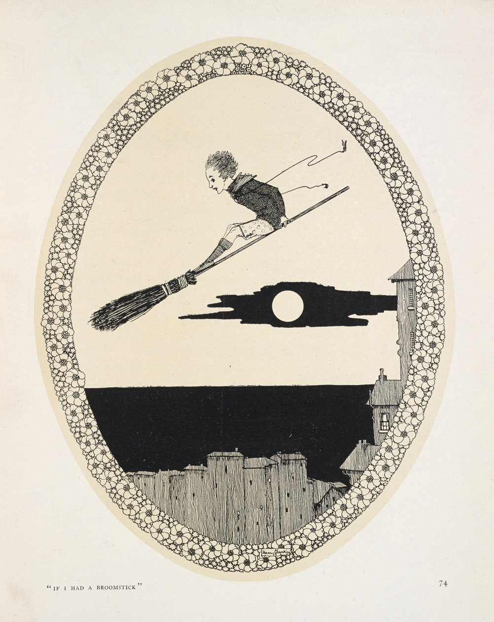 "Hvis jeg hadde et kosteskaft". Illustrasjon til et dikt Av Patrick R. Chalmers. En gutt på et kosteskaft av Harry Clarke