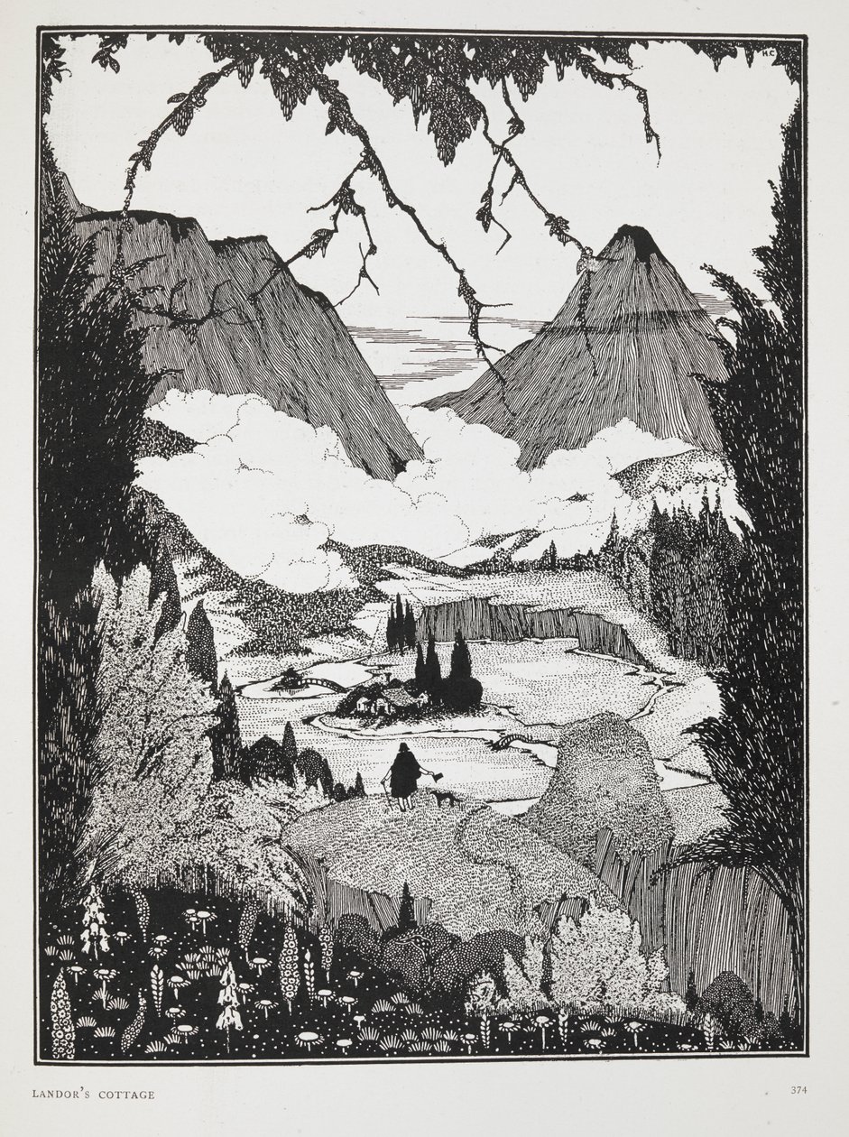 Illustrasjon til historien 'Landors hytte'.. Et fjellandskap. av Harry Clarke