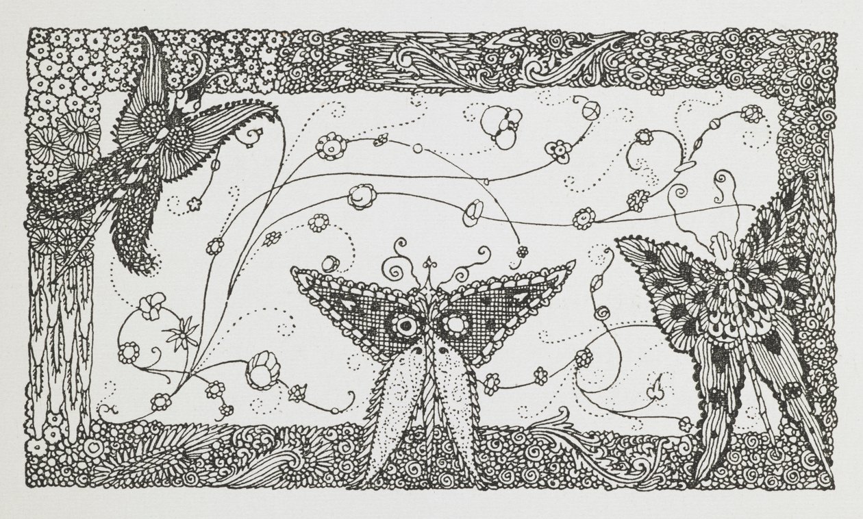 Illustrasjon til historien Riquet med dusk. Et sommerfugldesign. av Harry Clarke