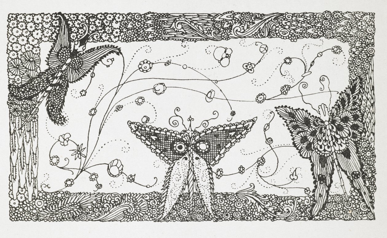 Illustrasjon for historien, 'The Master Cat or Puss in Boots'. Et sommerfugldesign. av Harry Clarke