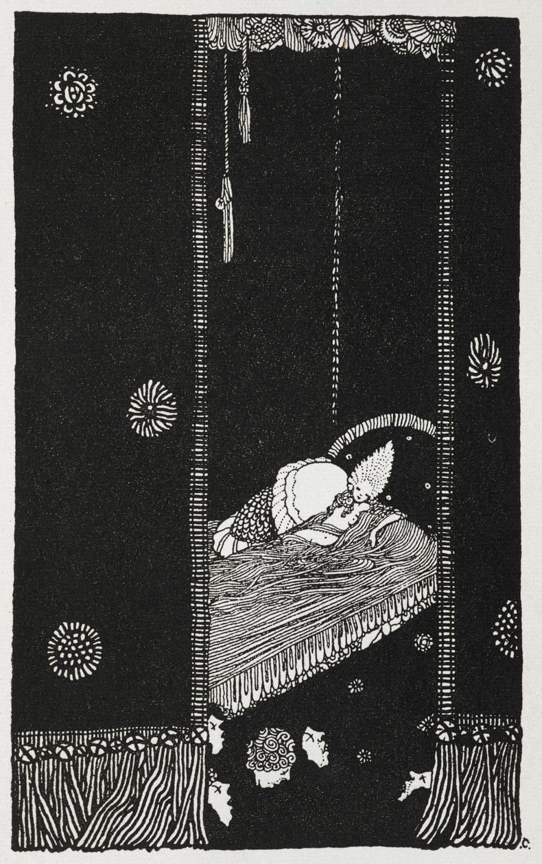 Illustrasjon til historien, 'den sovende skjønnheten i skogen'. Tornerose på sengen hennes. av Harry Clarke