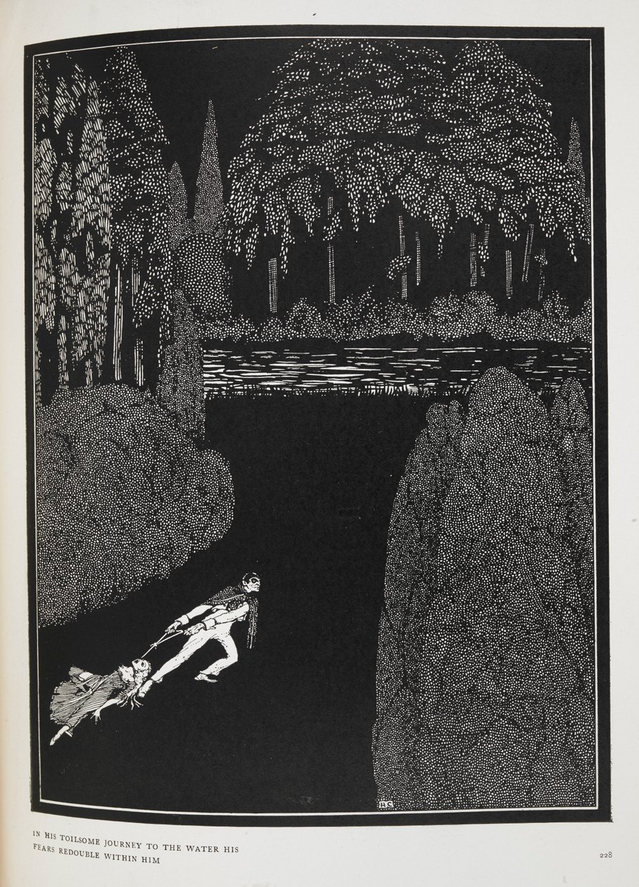 På hans slitsomme reise til vannet fordobles frykten hans. Illustrasjon til historien, 'Mysteriet om Marie Roget'. av Harry Clarke