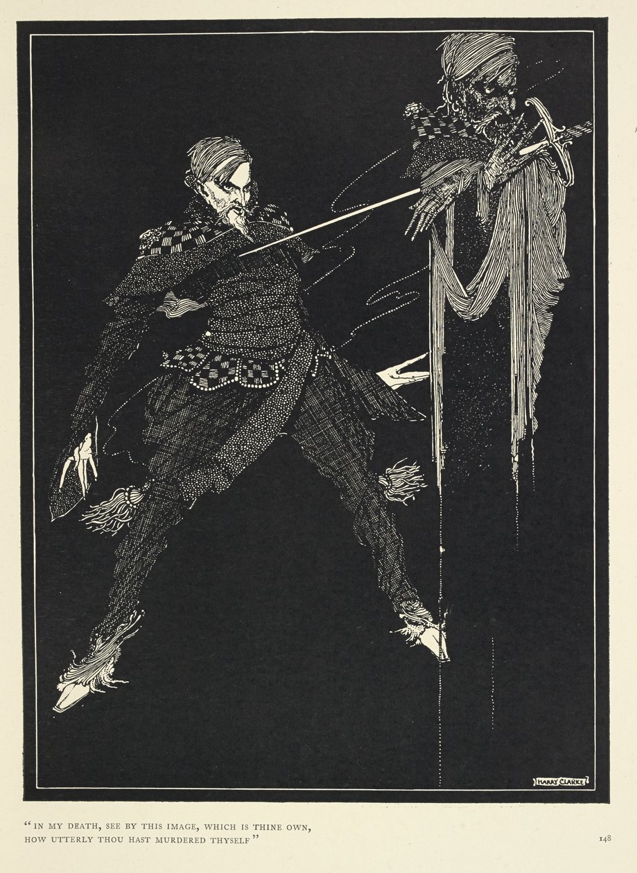 "I min død, se ved dette bildet, som er ditt eget, hvor fullstendig du har myrdet deg selv". Fortellerens dobbeltgjenger, i "William Wilson," The Gift (1839). av Harry Clarke
