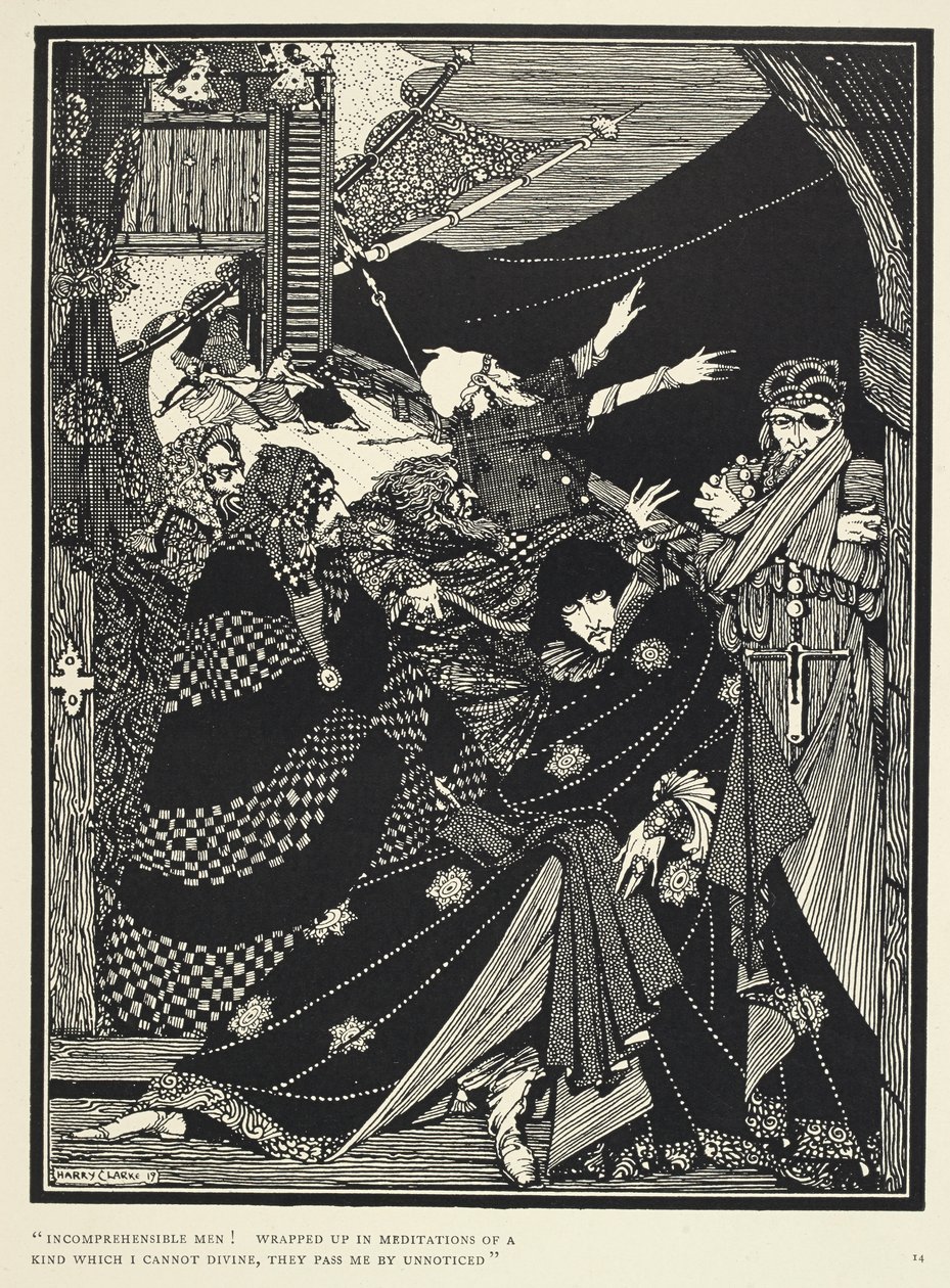 "Uforståelige menn! Innhyllet i meditasjoner av et slag som jeg ikke kan gi guddommelig, går de forbi meg ubemerket." Illustrasjon til historien 'Ms. i en flaske'. av Harry Clarke