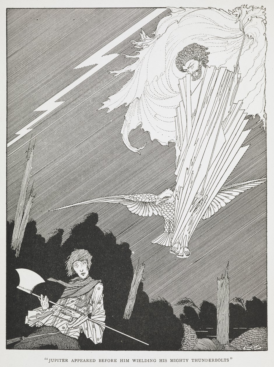 "Jupiter dukket opp foran ham med sine mektige tordenbolter." Illustrasjon for "de latterlige ønsker." av Harry Clarke