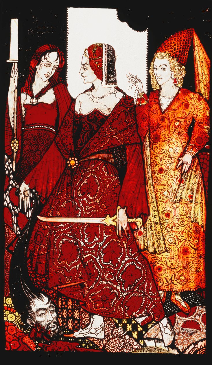 Queens who cut the hogs of Glanna...". "Queens", ni glasspaneler surret, beiset og malt, Illustrerer J.M. Synges dikt, 1917 av Harry Clarke