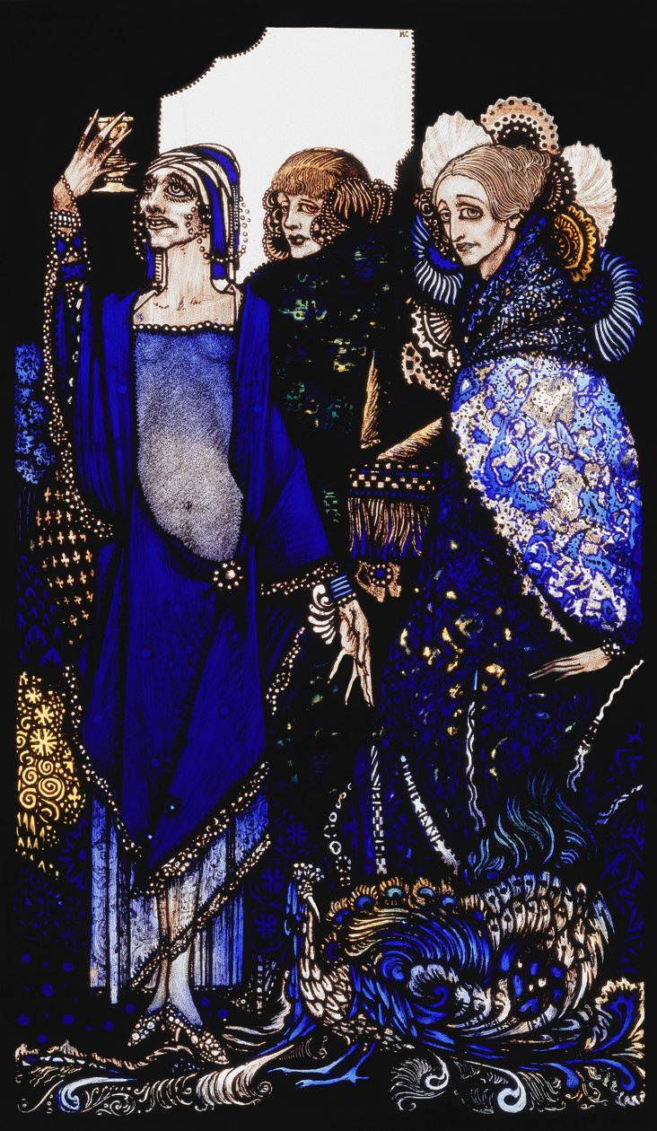Dronninger som sløste østen ved fullmektig ...." "Dronninger", ni glasspaneler surret, beiset og malt, Illustrerer J.M. Synges dikt, 1917 av Harry Clarke
