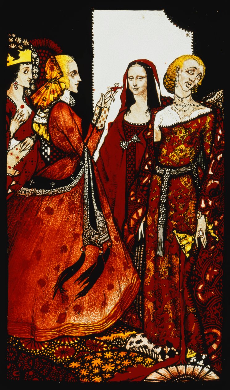 Dronninger hvis finger en gang rørte menn." "Queens", ni glasspaneler surret, beiset og malt, Illustrerer J.M. Synges dikt, 1917 av Harry Clarke