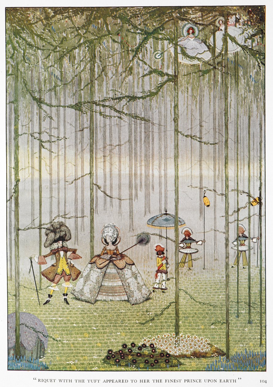 "Riquet med tuften virket for henne som den fineste prinsen på jorden." Illustrasjon for historien, "Riquet with the tuft." En prinsesse i en skog som møter prins Riquet med tuften. av Harry Clarke