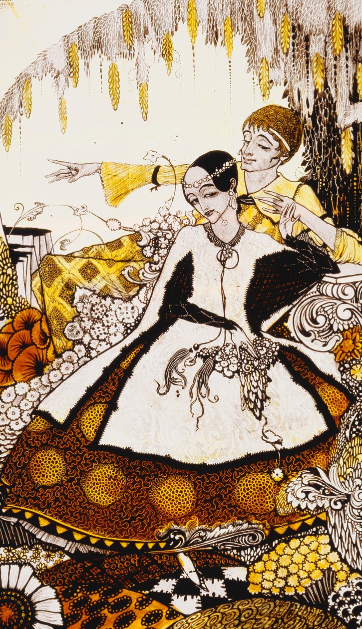 Syv hundedager slapp vi forbi, og navngav Queens i Glenmacnass." "Queens", ni glasspaneler surret, beiset og malt, Illustrerer J.M. Synges dikt, 1917 av Harry Clarke