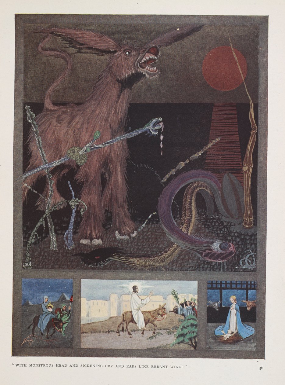Eselet. "Med monstrøst hode og kvalmende gråt og ører som villfarne vinger" av Harry Clarke