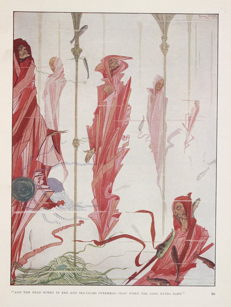 Den døende patrioten. "Og de døde kledd i rødt og sjøliljer svaier over hodet når de lange vindene blåser" av Harry Clarke