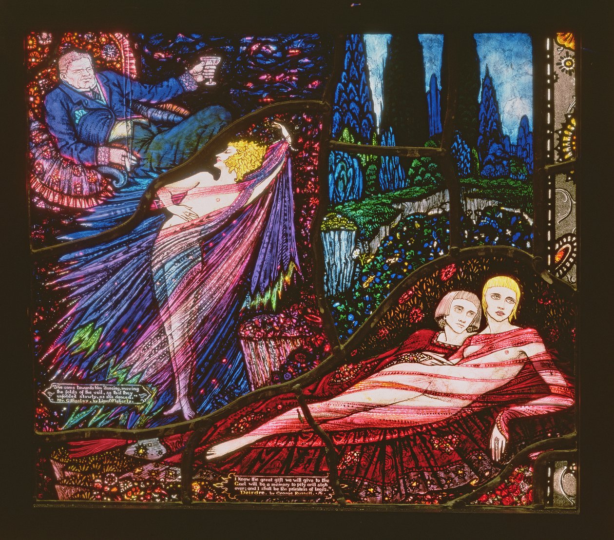 Genèvevinduet som viser Mr Gilhooley av Liam OFlaherty og Deirdre av George Russell, 1929 av Harry Clarke