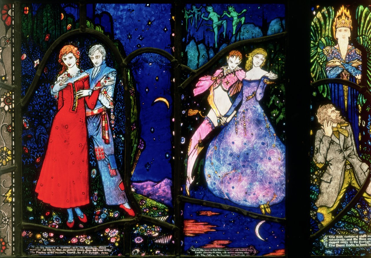 Geneva-vinduet som viser The Playboy of the Western World av J.M. Synge, The Dreamers av Seamus OSullivan og The Demi Gods av James Stephens, 1929 av Harry Clarke