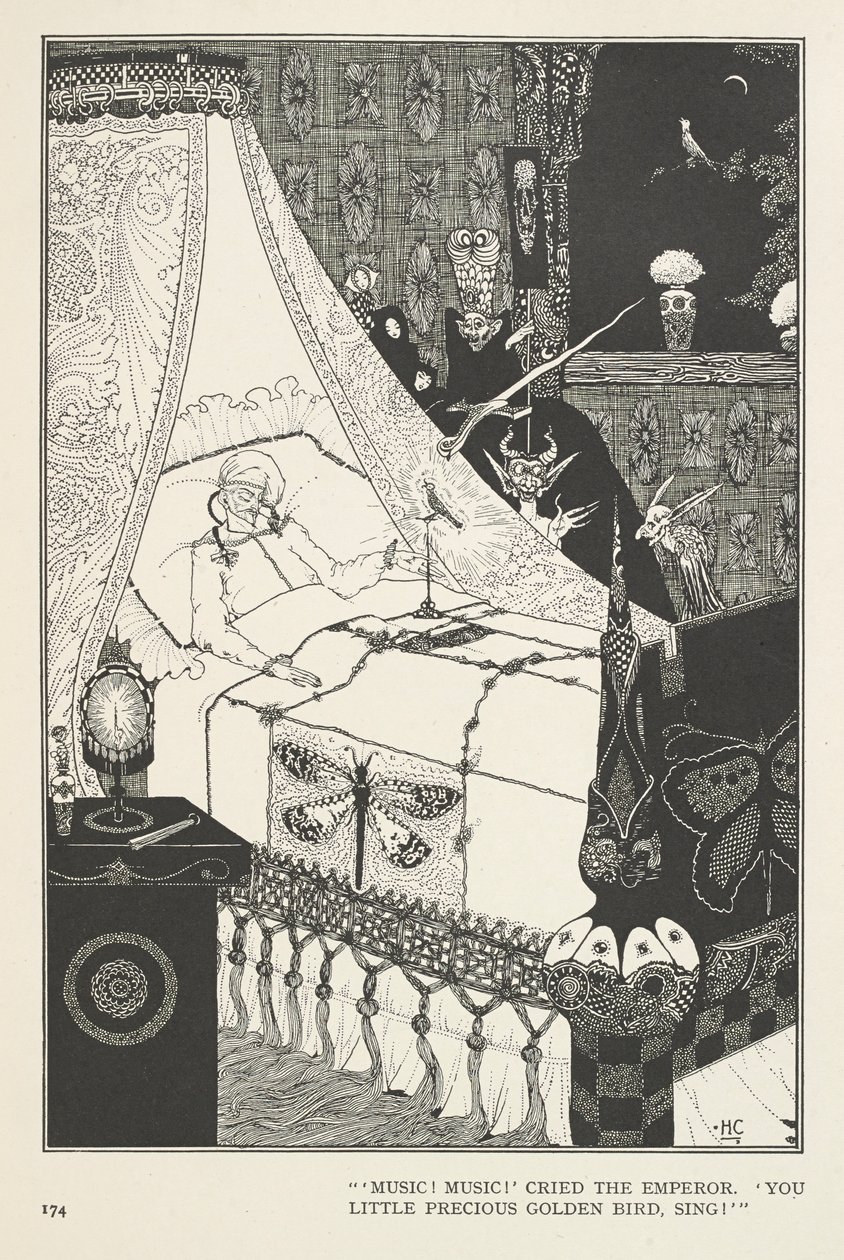 Nattergalen. "Musikk! Musikk!" ropte keiseren. "Din lille dyrebare gullfugl, syng!" av Harry Clarke