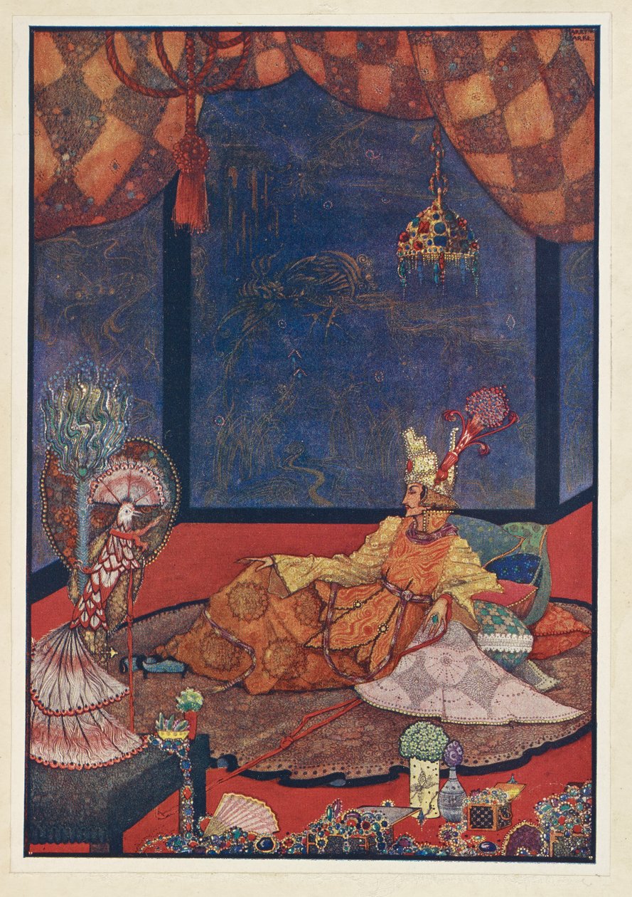 Nattergalen. Den kunstige fuglen hadde sin plass på en silkepute like ved keiserens seng. av Harry Clarke