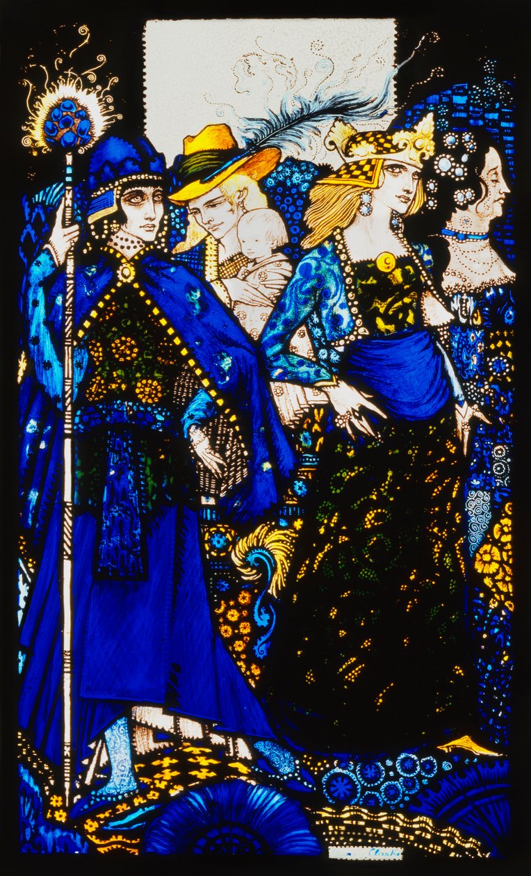 The Queens of Sheba, Meath and Connaught". "Queens", ni glasspaneler surret, beiset og malt, Illustrerer J.M. Synges dikt, 1917 av Harry Clarke