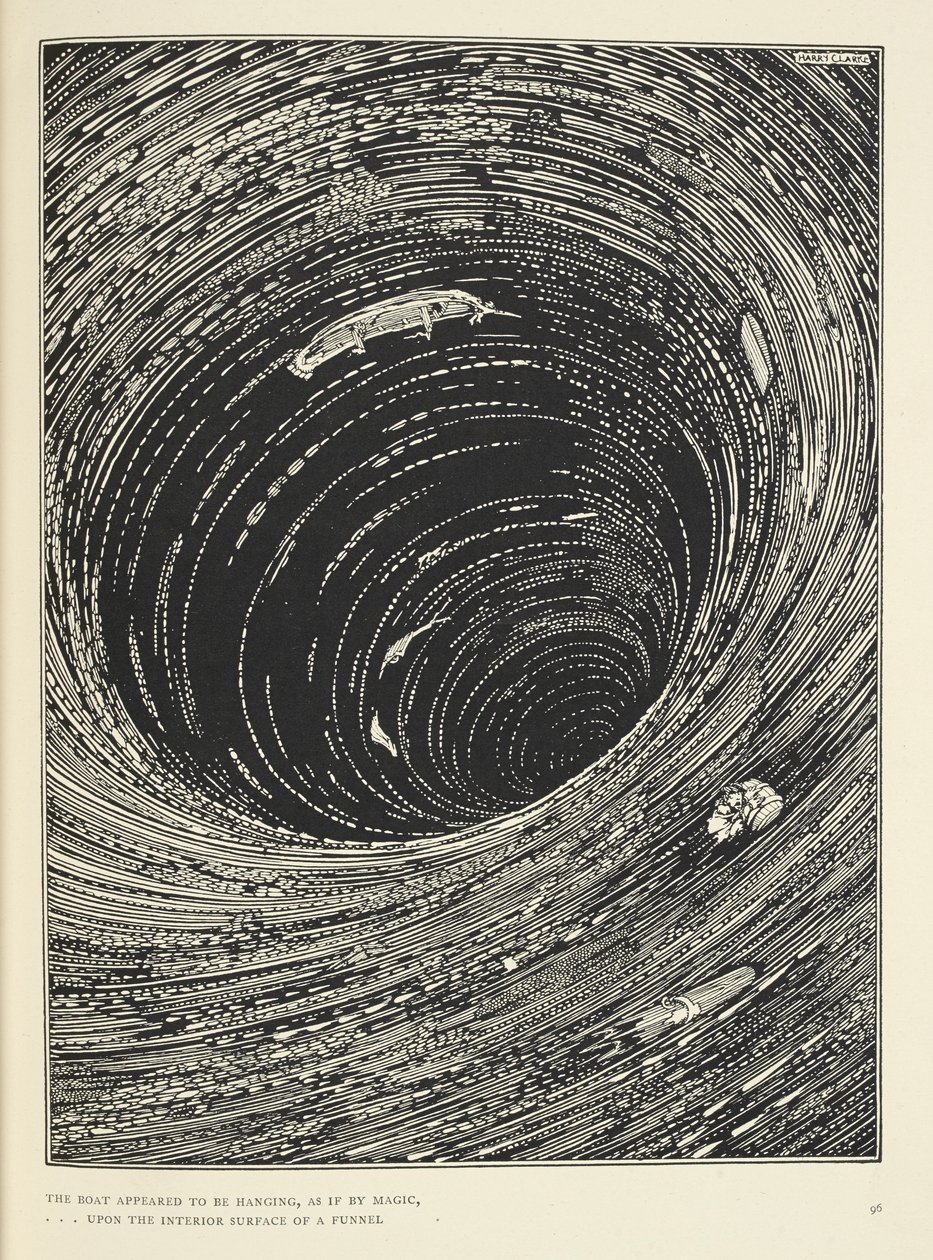 "Båten så ut til å henge ... på den indre overflaten av en trakt stor i omkrets." Illustrasjon for historien 'en nedstigning i malstrømmen'. av Harry Clarke