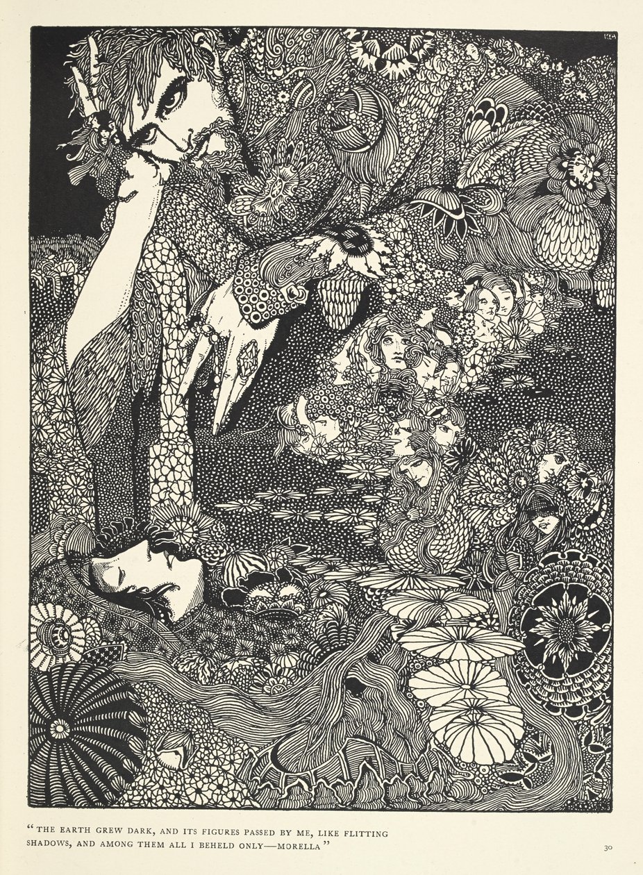 "Jorden ble mørk, og dens skikkelser gikk forbi meg, som blafrende skygger ... Morella." Illustrasjon til historien 'Morella'. av Harry Clarke