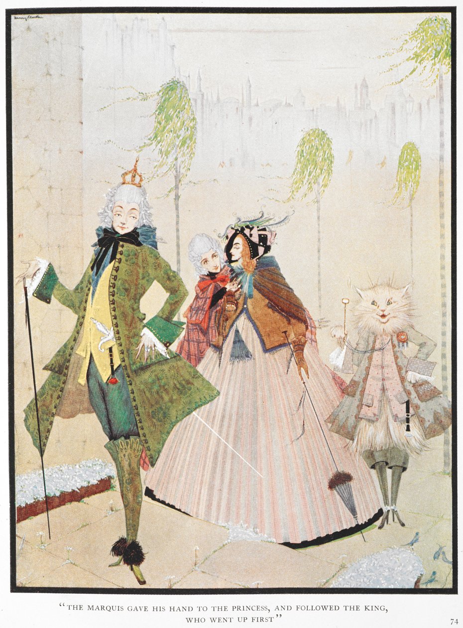 "Markisen ga sin hånd til fyrstene og fulgte kongen, som gikk opp først." Illustrasjon til historien, 'mesterkatten eller puss i støvler'. av Harry Clarke