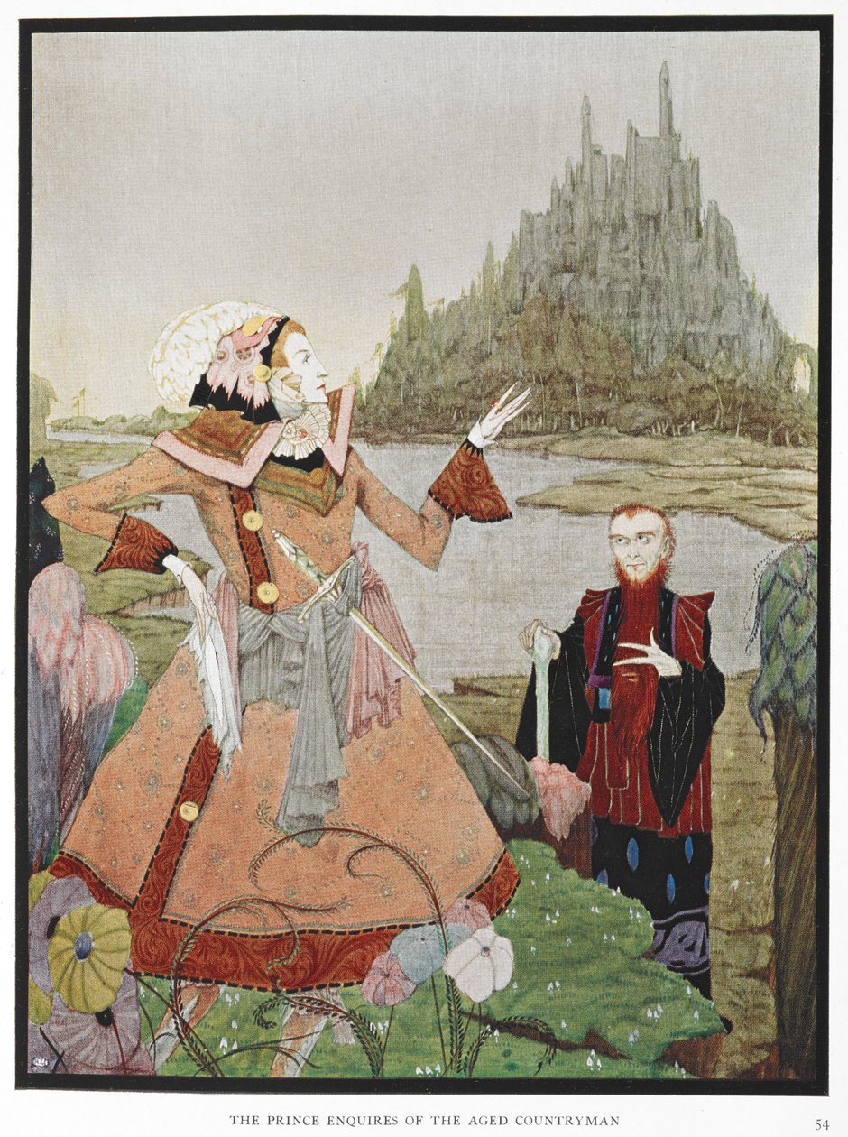 "Prinsen spør den gamle landsmannen." En illustrasjon til historien, "den sovende skjønnheten." av Harry Clarke