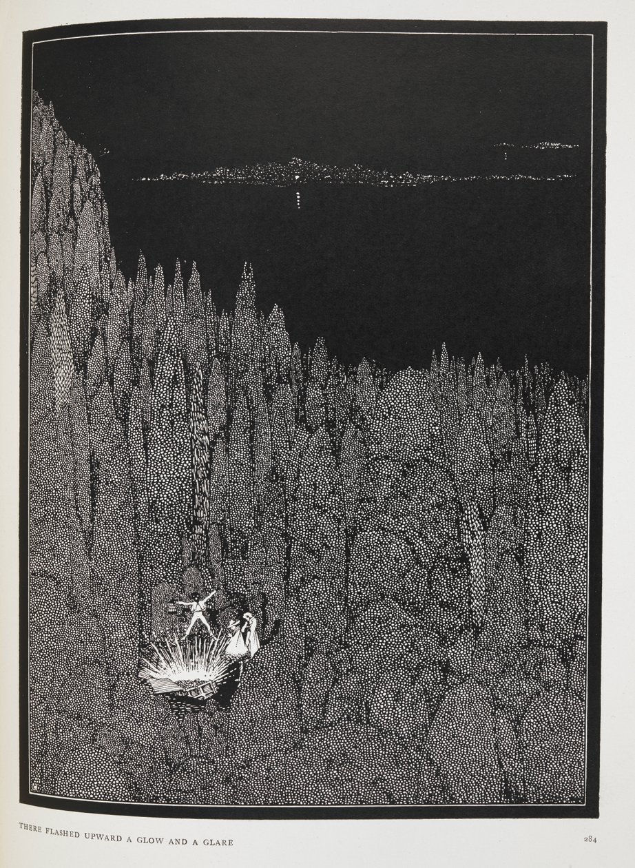 Det blinket oppover en glød og gjenskinn». Illustrasjon til novellen, 'the gold bug'. av Harry Clarke
