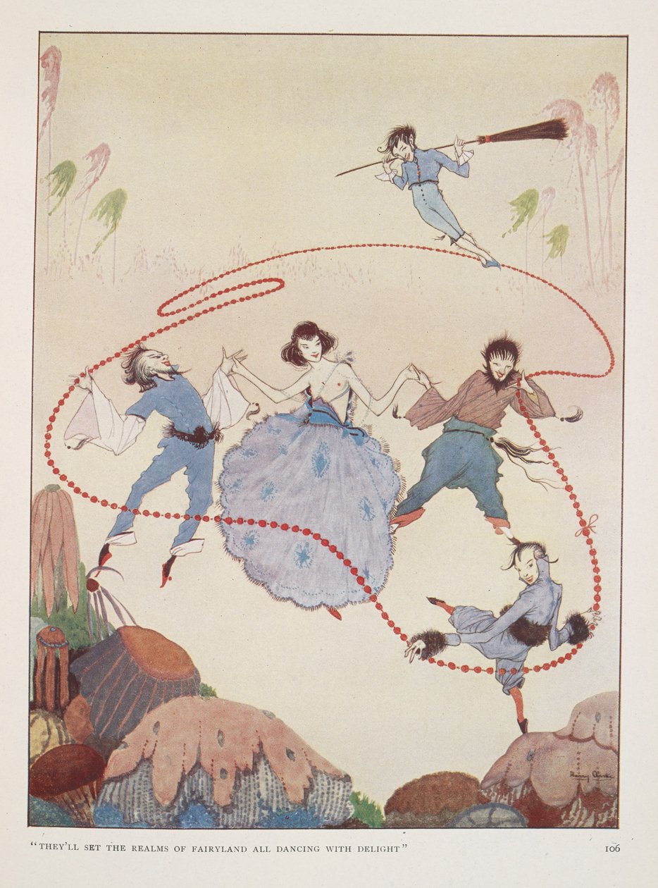 "De vil sette eventyrlandets riker til dans med glede". Illustrasjon til Alms i høst av Rose Fyleman. Figurer som danser i luften. av Harry Clarke