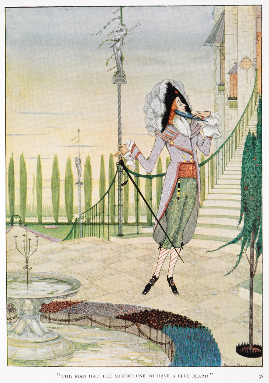 "Denne mannen var så uheldig å ha blåskjegg." Blåskjegg stryker seg over skjegget. av Harry Clarke
