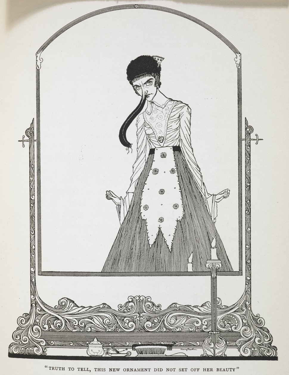 "Sannelig å si, dette nye ornamentet utløste ikke hennes skjønnhet." Illustrasjon til historien, 'de latterlige ønskene'. av Harry Clarke
