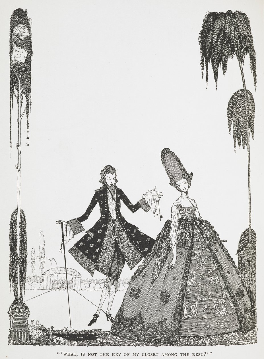 "Hva, er ikke nøkkelen til skapet mitt blant resten?" Illustrasjon til historien, 'Blue Beard'. av Harry Clarke