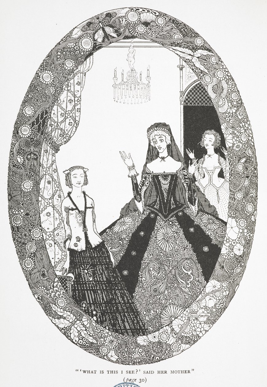 "Hva er dette jeg ser?" sa moren hennes." Illustrasjon til historien 'feen'. av Harry Clarke