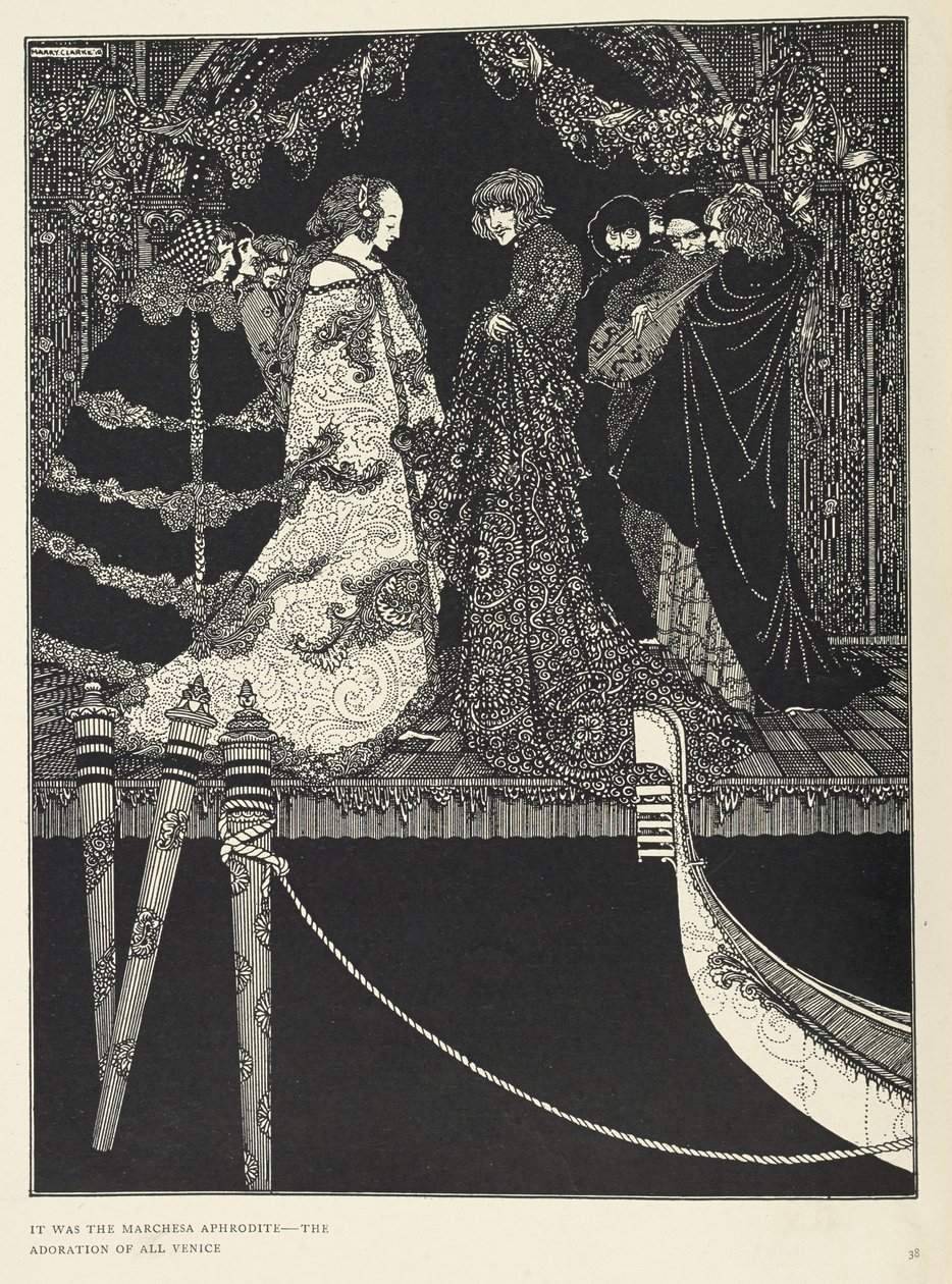 "det var Marchesa Aphrodite - tilbedelsen av hele Venezia". Illustrasjon til historien 'oppdraget'. av Harry Clarke