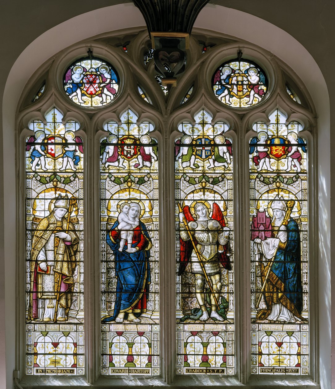 Oxford, Brasenose College Chapel, James Powell & Sons, Harry Ellis Wooldridge, St Cedda, Madonna & Chils, St Michael, St Hugh av Harry Ellis Wooldridge