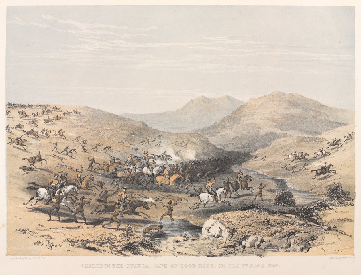 «Angrep på Gwanga, Kapp det gode håp, den 8. juni 1846» (farget litografi) av Harry Francis Darell