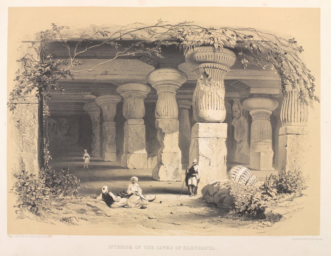 Interiør av Caves of Elephanta (farget litografi) av Harry Francis Darell
