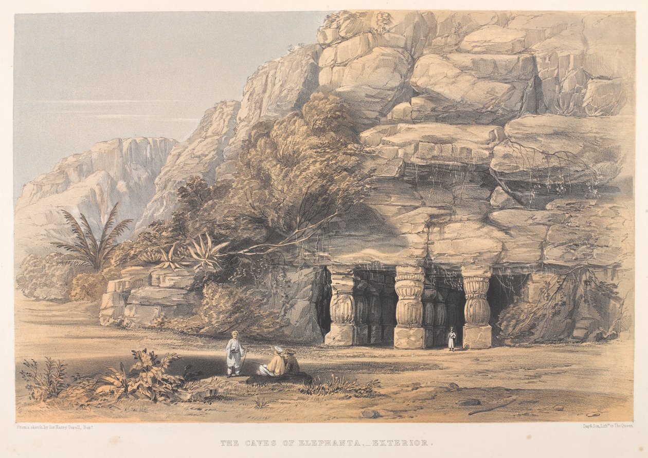 The Caves of Elephanta, Exterior (farget litografi) av Harry Francis Darell